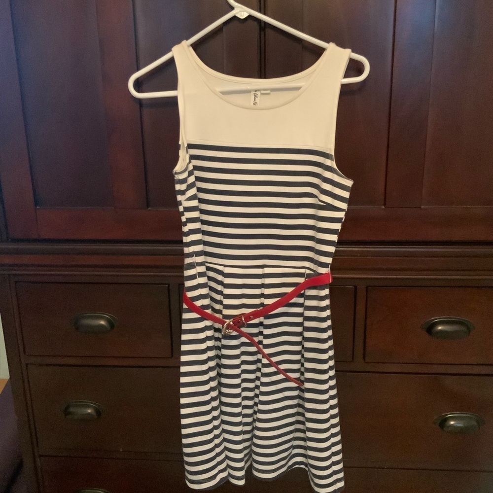 Dress from Altar’d State. Navy/white with red belt